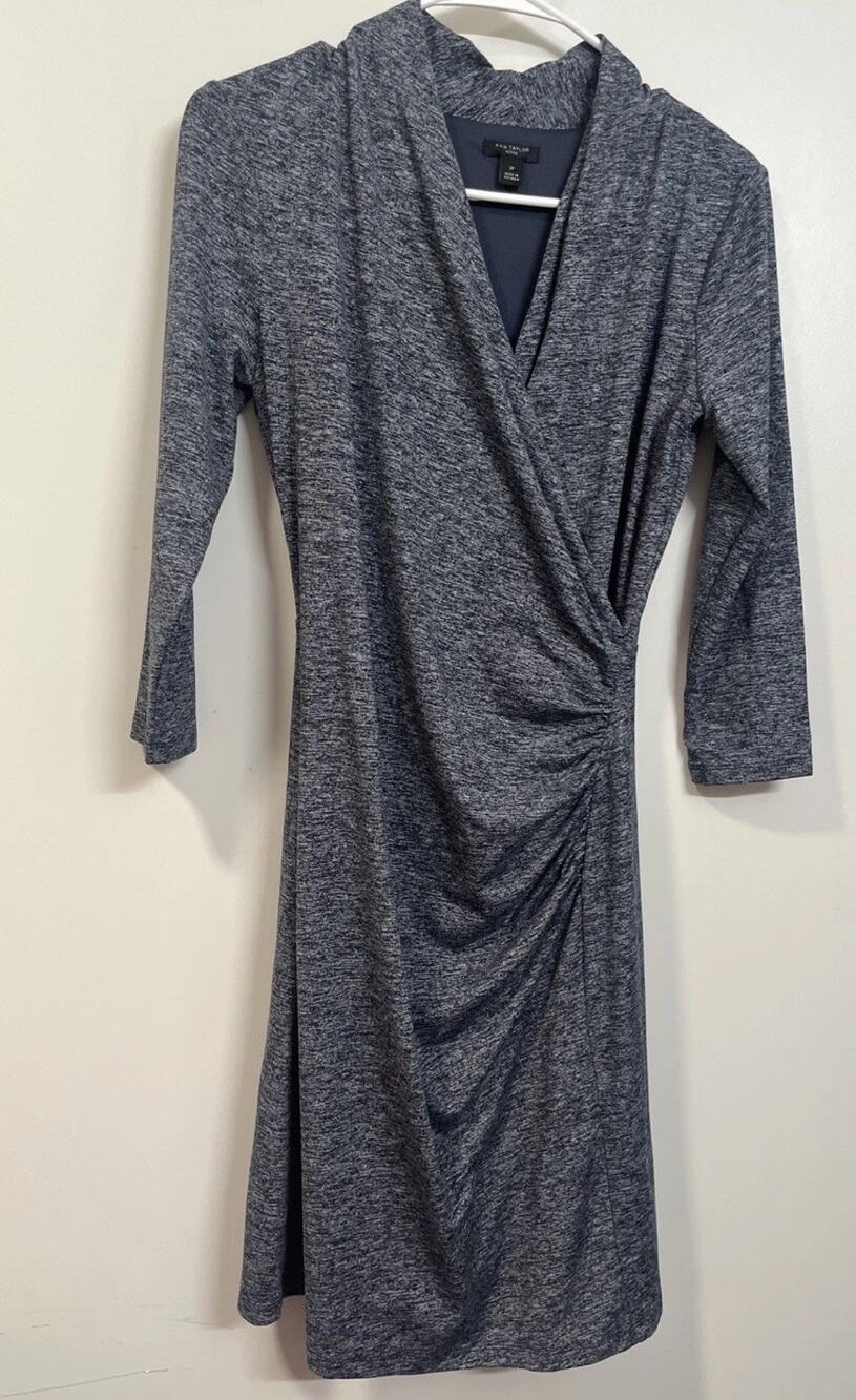 Ann Taylor Faux Wrap Jersey Knit Midi Dress 3/4 Sleeve Draped Size 2P